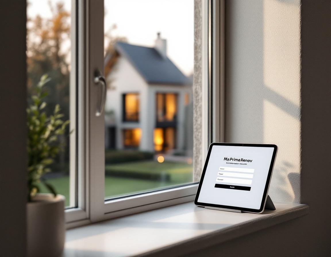 Façade d'une maison rénovée en Auvergne sous une lumière naturelle, avec une tablette sur un rebord de fenêtre affichant clairement le formulaire de contact MaPrimeRénov.