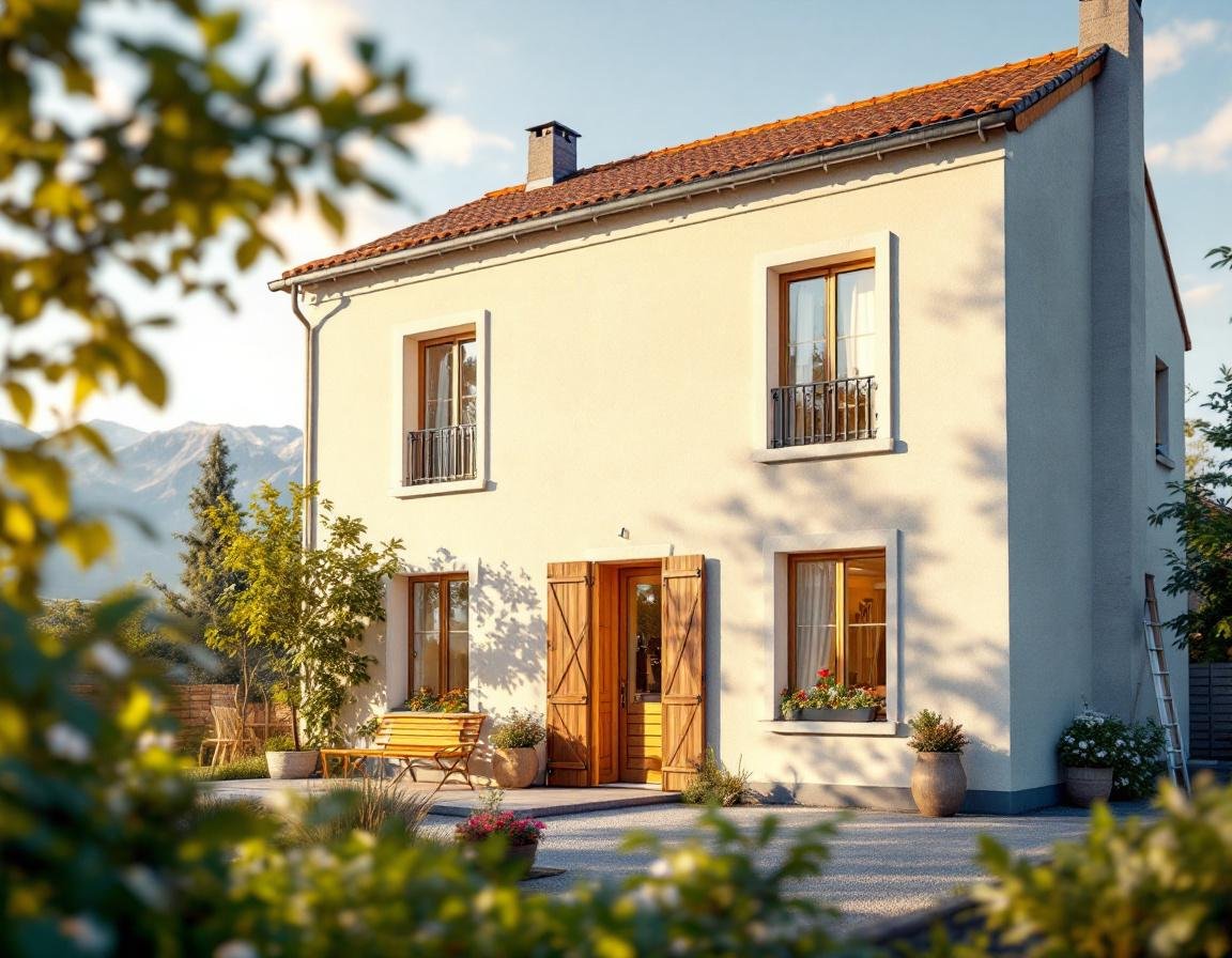 Façade d'une maison rénovée grâce à mon projet anah.gouv.fr, avec isolation optimisée et fenêtres performantes dans une lumière douce d'Auvergne-Rhône-Alpes.