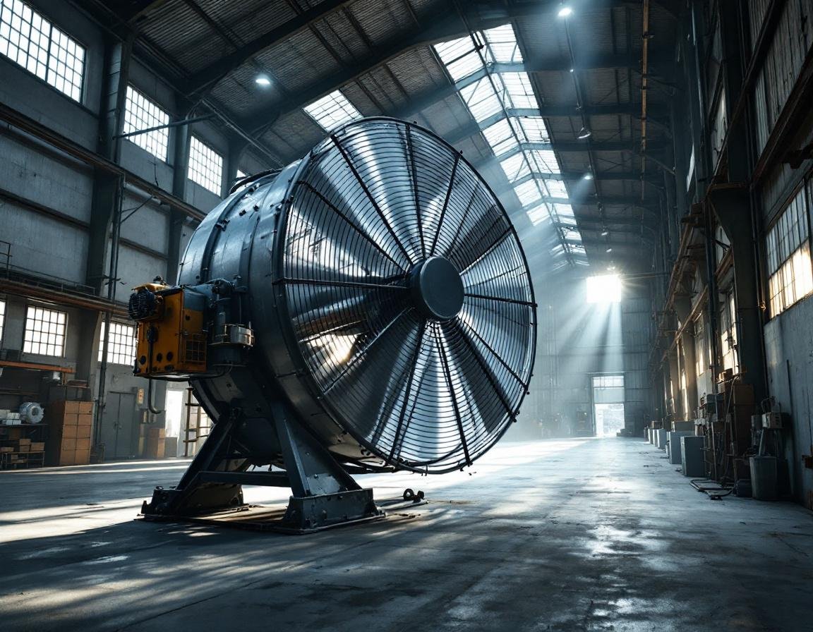 Vue d’un destratificateur industriel sous un plafond haut dans un entrepôt d’Auvergne-Rhône-Alpes, optimisant la distribution de chaleur et l’efficience énergétique