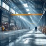 Vue intérieure d’un entrepôt industriel en Isère, baigné de lumière naturelle, mettant en avant l’installation de luminaires LED haute efficacité financée par le dispositif CEE industriel Isère.