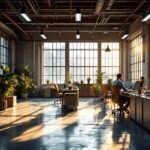 Vue d’un bureau industriel à Annecy équipé d’éclairage LED entreprise Annecy : suspensions LED haute efficacité diffusant une lumière homogène, valorisant l’espace sous une douce ambiance naturelle.