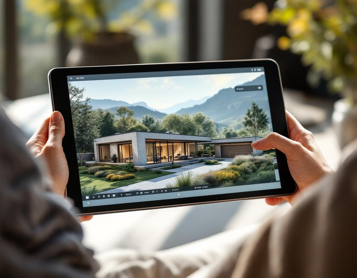 Tablette d’architecte affichant une simulation de prix pour faire construire sa maison, posée devant une maison en construction en Auvergne-Rhône-Alpes baignée de lumière naturelle.