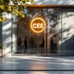 Vue d’un CEE bâtiment tertiaire Ain illustrant un bureau modernisé avec l’emblème du certificat d’économies d’énergie sur la façade, soulignant l’application concrète des travaux d’efficacité énergétique.