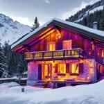Caméra thermique ciblant un chalet savoyard pour un audit énergétique Haute-Savoie, visualisant les pertes de chaleur sous une douce lumière naturelle de la région.