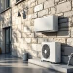 Façade en pierre d’un bâtiment tertiaire à Chambéry dotée de panneaux d’isolation thermique et d’une pompe à chaleur élégante, illustrant l’amélioration énergétique bâtiment Chambéry en contexte savoyard